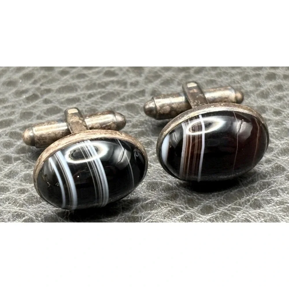 Vintage Sterling Silver 925 Black Brown White Banded Agate Oval Cufflinks